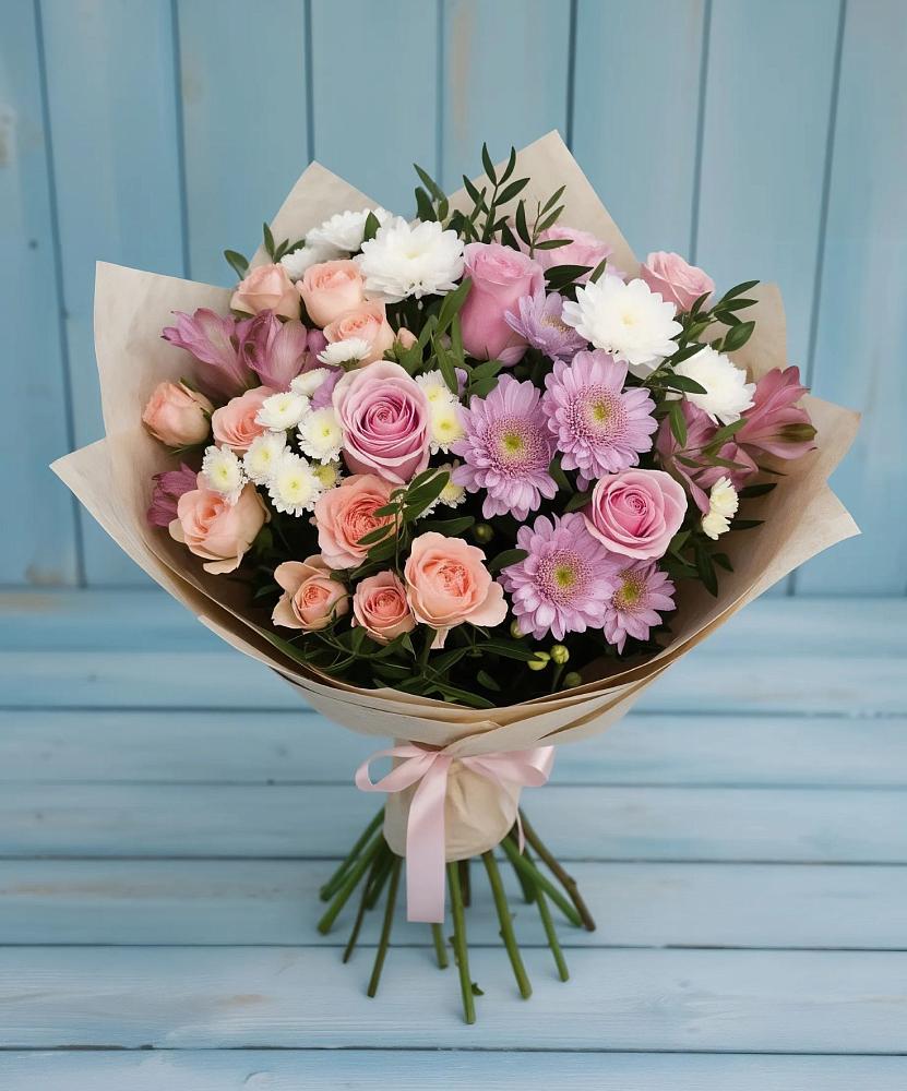 Букет цветов из: Хризантемы, Розы и Альстромерии в Нижней Омке