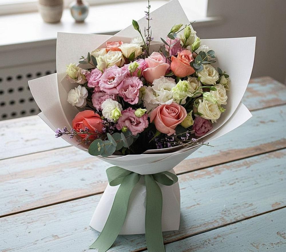 Букет цветов из: Розы, Лизиантусы и Гвоздики в Нижней Омке