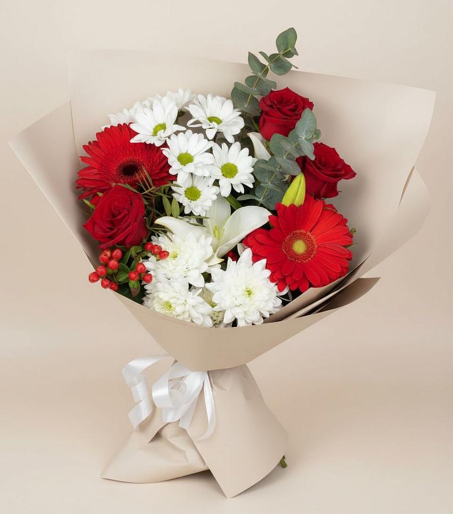 Букет цветов из: Розы, Хризантемы, Герберы и Лилии в Нижней Омке