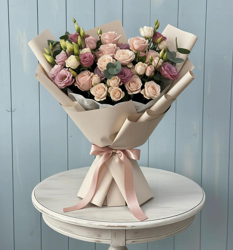 Букет цветов из: Розы и Лизиантусы в Нижней Омке