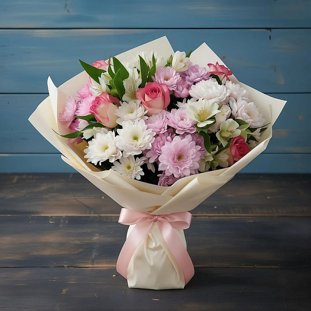 Букет цветов из: Хризантемы, Альстромерии и Розы в Нижней Омке